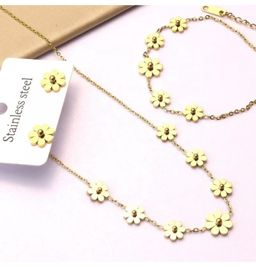 Women's fashion jewelry stainless steel necklace and earrings set Necklace, earrings, bracelet, 18K gold-plated small Daisy set