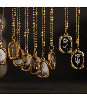 Retro French Mirror Rose December Birth Flower Necklace 18k Gold Stainless Steel Pendant Necklace For Women Vintage Necklace
