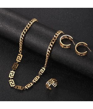 Stainless steel Great Wall pattern pendant Cuban chain 3pcs brand jewelry set women Fashion jewelry