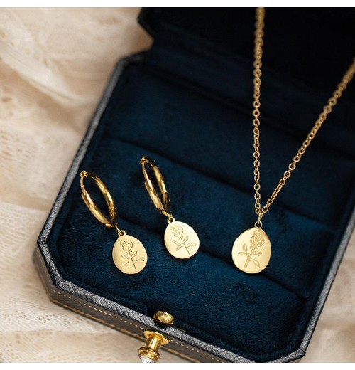 In Stock Stainless Steel Jewelry Tarnish Free 14K Gold Plated Engraved Flower Charm Pendant Necklace And Dangle Earrings Set