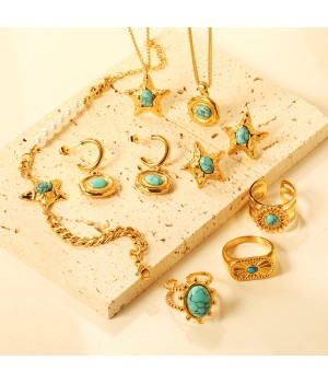 New Arrive Stainless Steel Set Gold Plated Necklace Bracelet Earring Turquoise Stone Jewelry Wholesale For Women